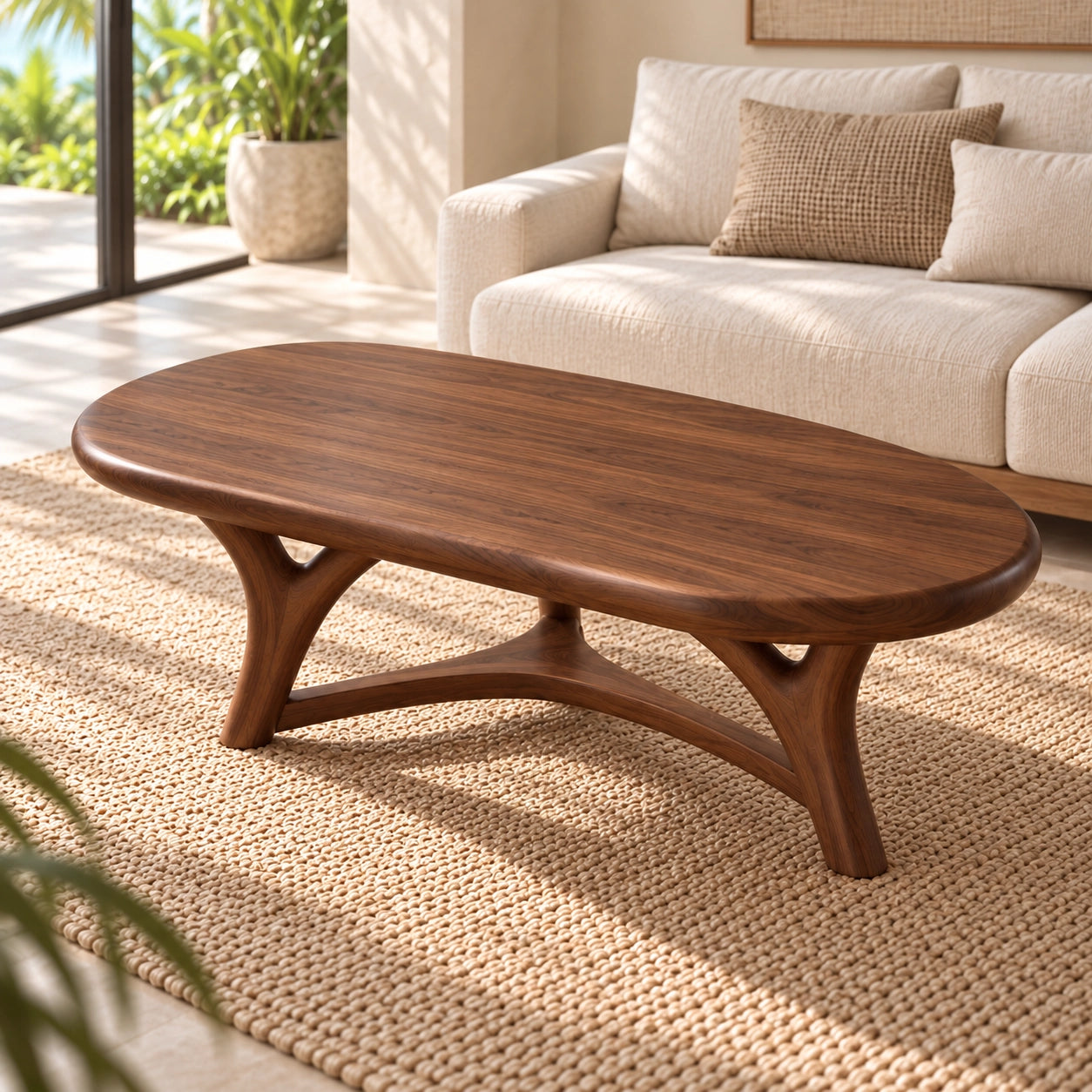 Oval Coffee Table with Sculptural Curved Legs in Natural Solid Wood - Woodenecho - 2