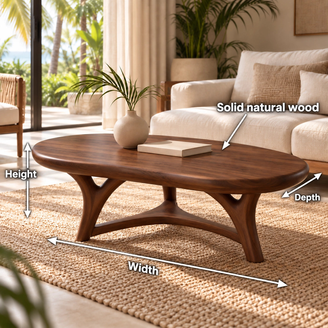 Oval Coffee Table with Sculptural Curved Legs in Natural Solid Wood - Woodenecho - 5