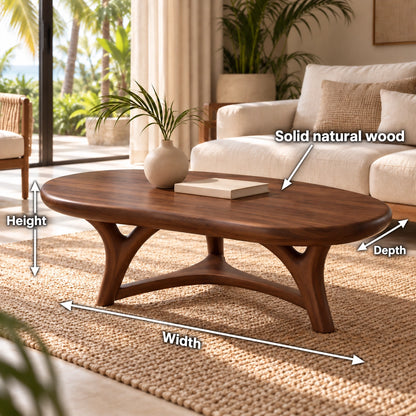 Oval Coffee Table with Sculptural Curved Legs in Natural Solid Wood - Woodenecho - 5