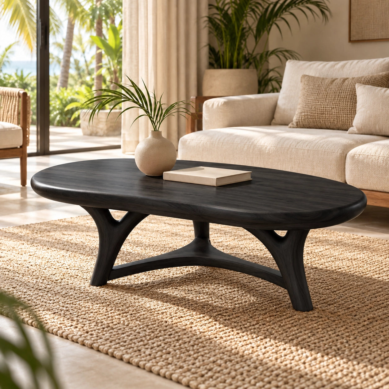 Oval Coffee Table with Sculptural Curved Legs in Natural Solid Wood - Woodenecho - 6