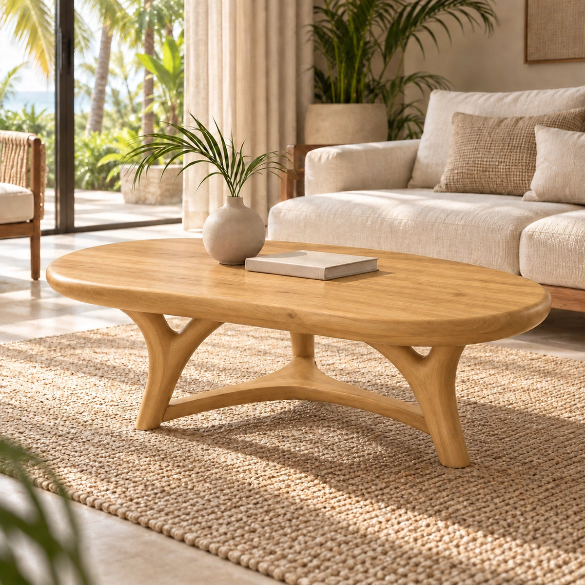 Oval Coffee Table with Sculptural Curved Legs in Natural Solid Wood - Woodenecho - 8