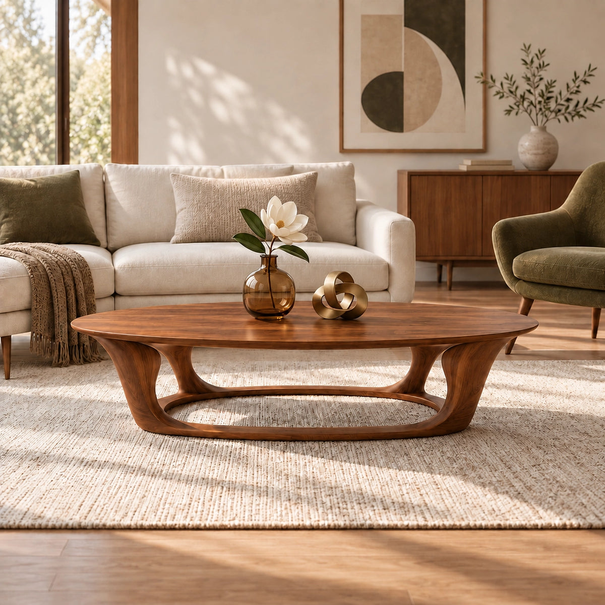 Oval Coffee Table with Sculptural Curved Wooden Base in Natural Solid Wood - Woodenecho - 1