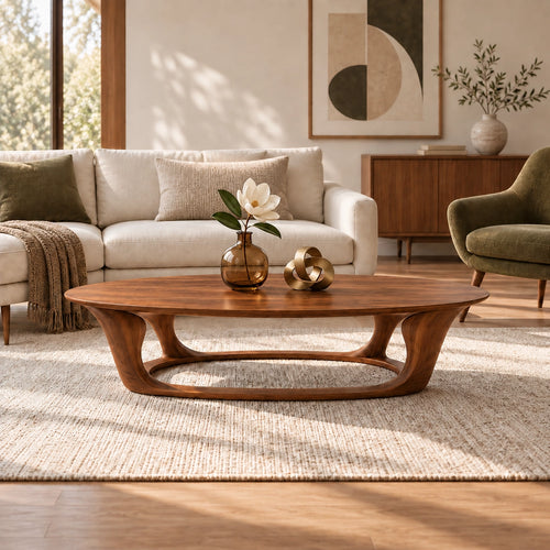 Oval Coffee Table with Sculptural Curved Wooden Base in Natural Solid Wood - Woodenecho - 1