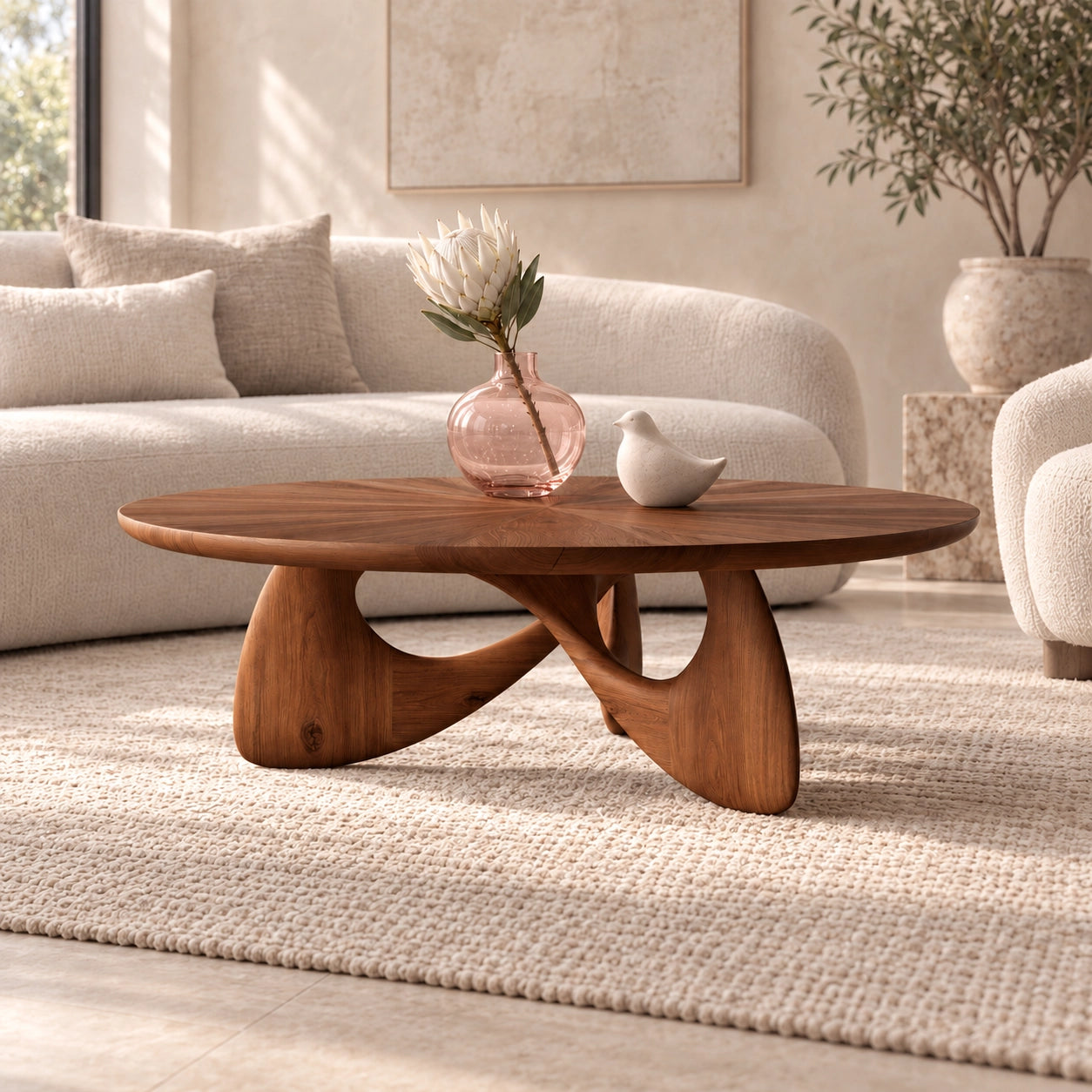 Oval Coffee Table with Sculptural Curved Wooden Base in Natural Solid Wood - Woodenecho - 1