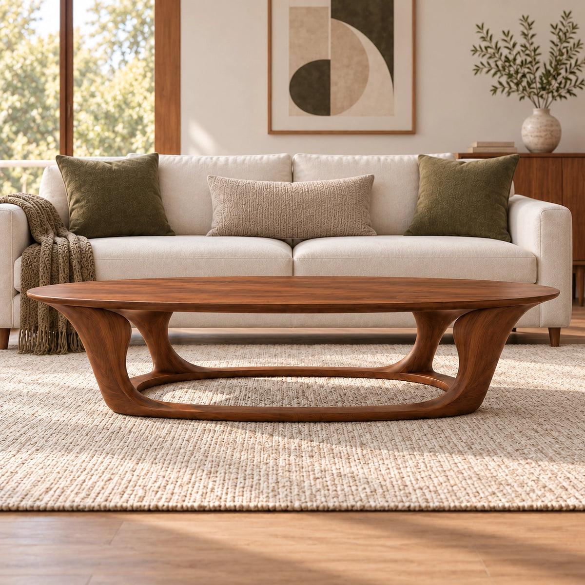 Oval Coffee Table with Sculptural Curved Wooden Base in Natural Solid Wood - Woodenecho - 2