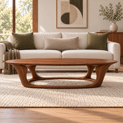 Oval Coffee Table with Sculptural Curved Wooden Base in Natural Solid Wood - Woodenecho - 2