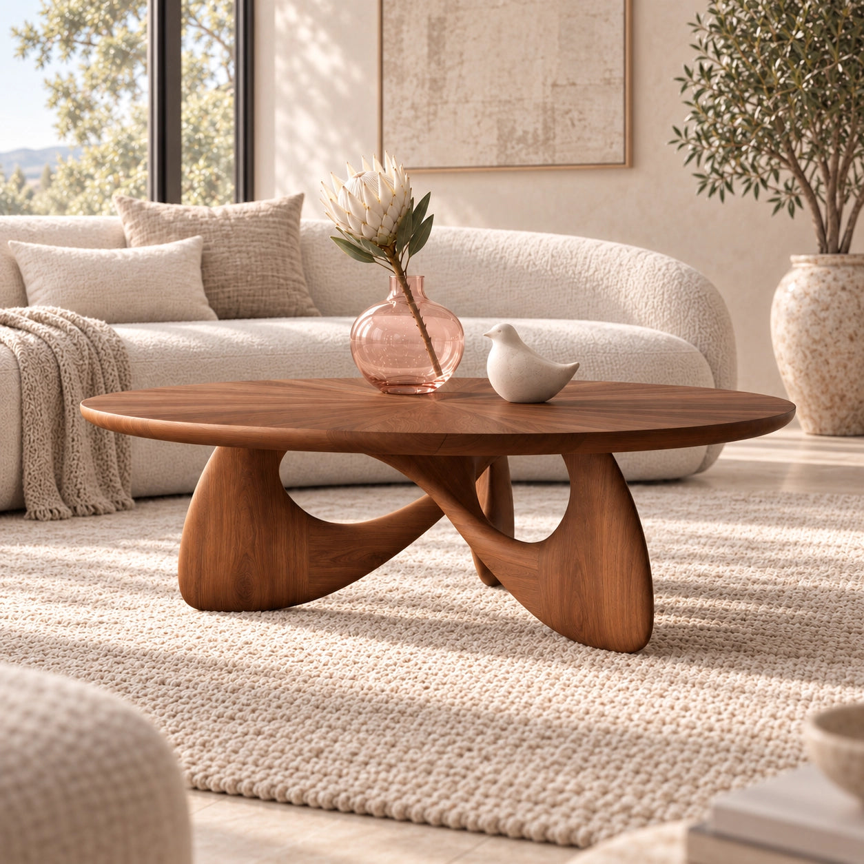 Oval Coffee Table with Sculptural Curved Wooden Base in Natural Solid Wood - Woodenecho - 2