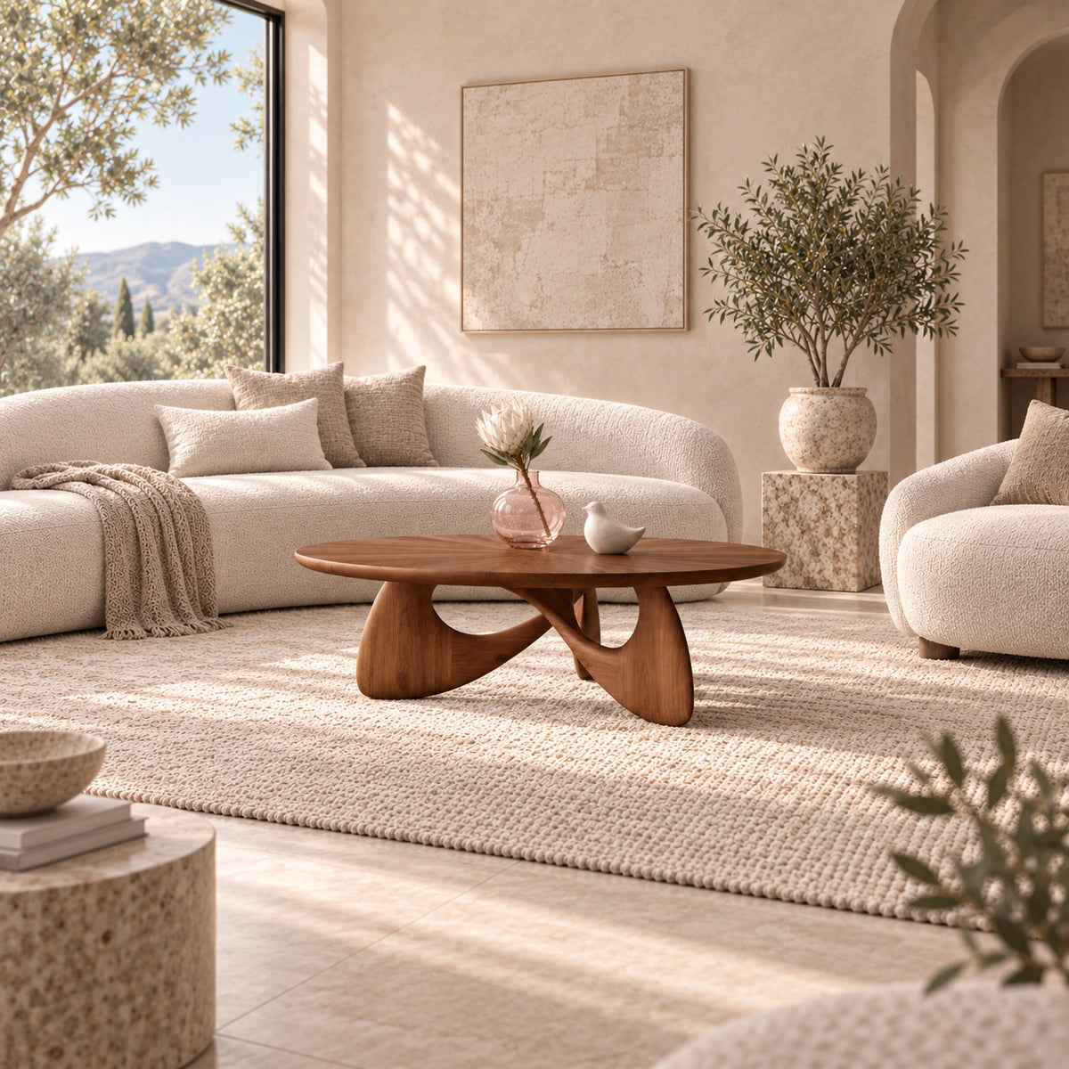 Oval Coffee Table with Sculptural Curved Wooden Base in Natural Solid Wood - Woodenecho - 3