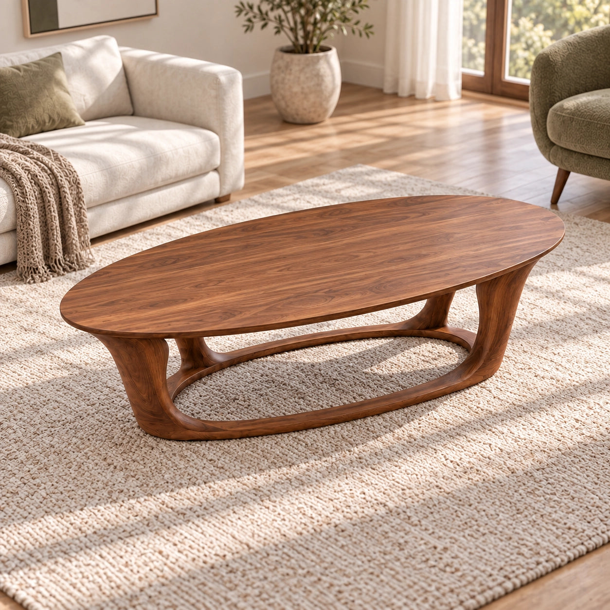 Oval Coffee Table with Sculptural Curved Wooden Base in Natural Solid Wood - Woodenecho - 4