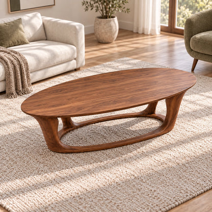 Oval Coffee Table with Sculptural Curved Wooden Base in Natural Solid Wood - Woodenecho - 4
