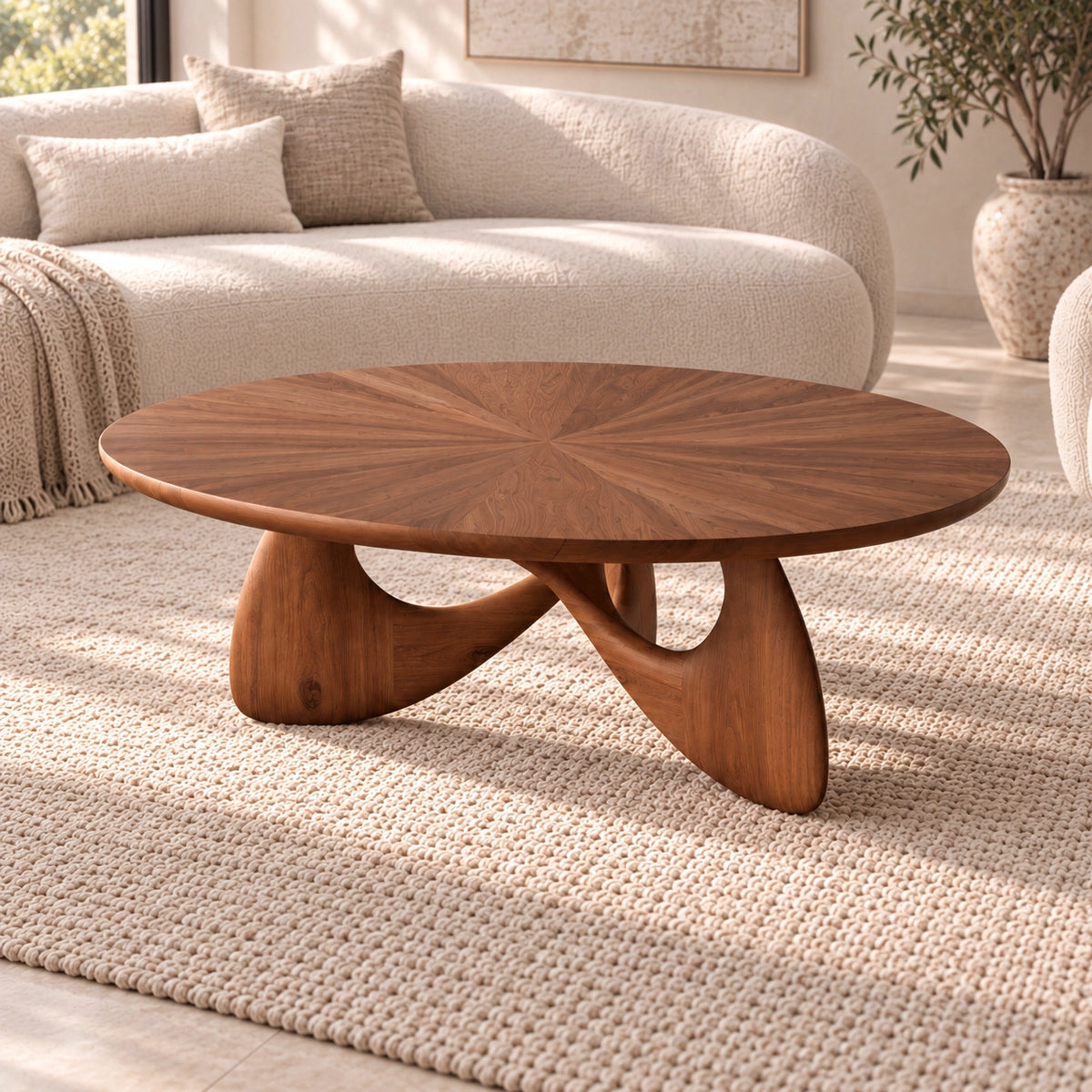 Oval Coffee Table with Sculptural Curved Wooden Base in Natural Solid Wood - Woodenecho - 4