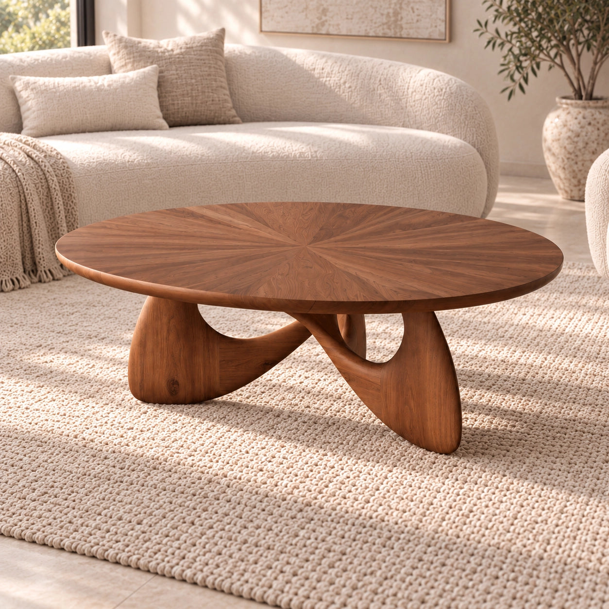 Oval Coffee Table with Sculptural Curved Wooden Base in Natural Solid Wood - Woodenecho - 4