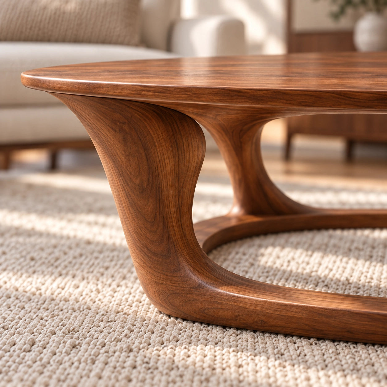 Oval Coffee Table with Sculptural Curved Wooden Base in Natural Solid Wood - Woodenecho - 5