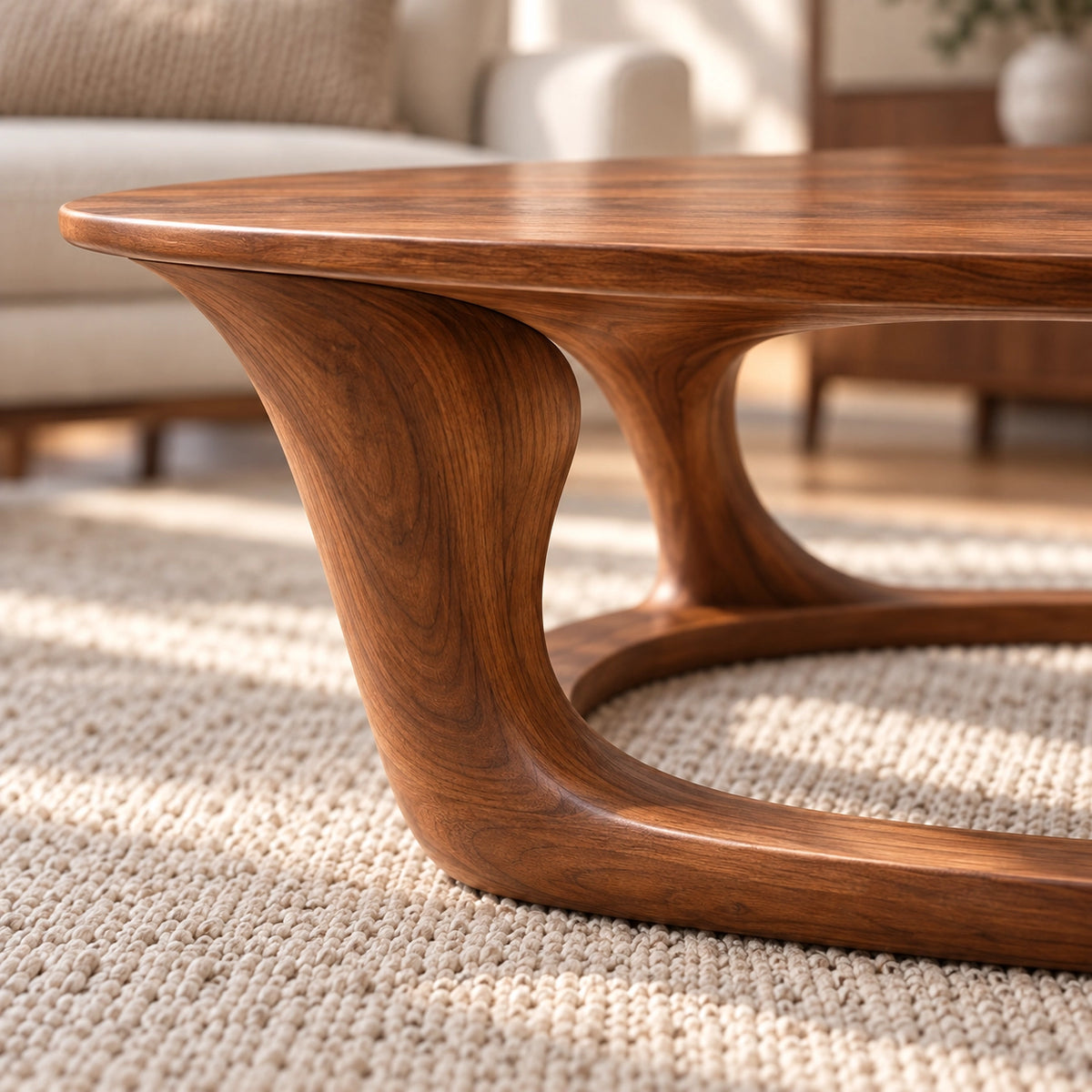 Oval Coffee Table with Sculptural Curved Wooden Base in Natural Solid Wood - Woodenecho - 5
