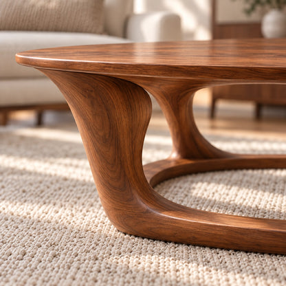 Oval Coffee Table with Sculptural Curved Wooden Base in Natural Solid Wood - Woodenecho - 5