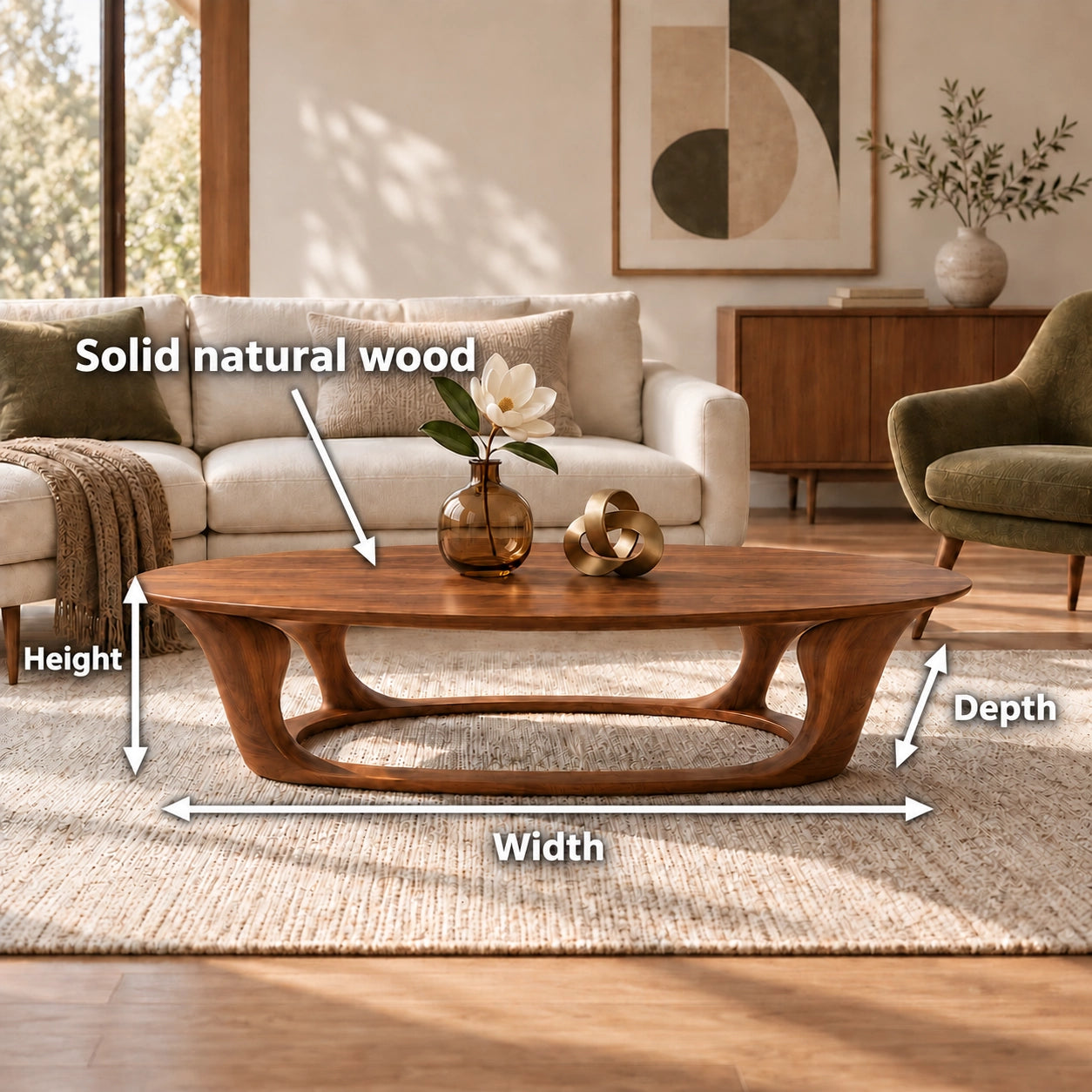 Oval Coffee Table with Sculptural Curved Wooden Base in Natural Solid Wood - Woodenecho - 6