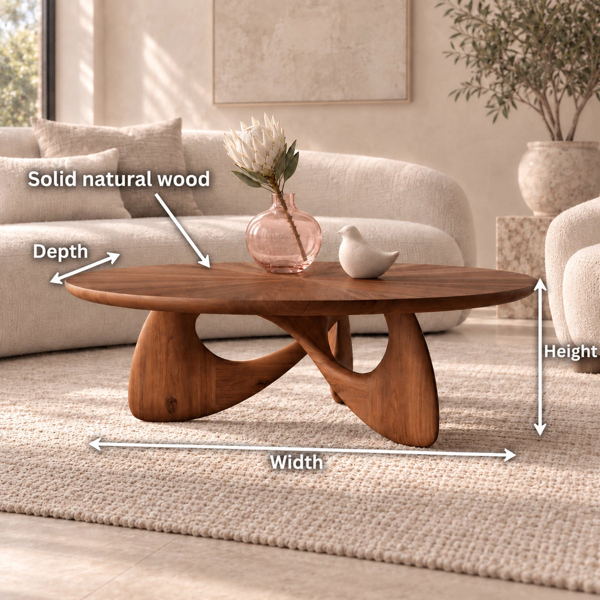 Oval Coffee Table with Sculptural Curved Wooden Base in Natural Solid Wood - Woodenecho - 6
