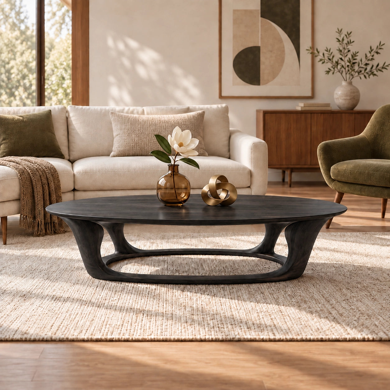 Oval Coffee Table with Sculptural Curved Wooden Base in Natural Solid Wood - Woodenecho - 7