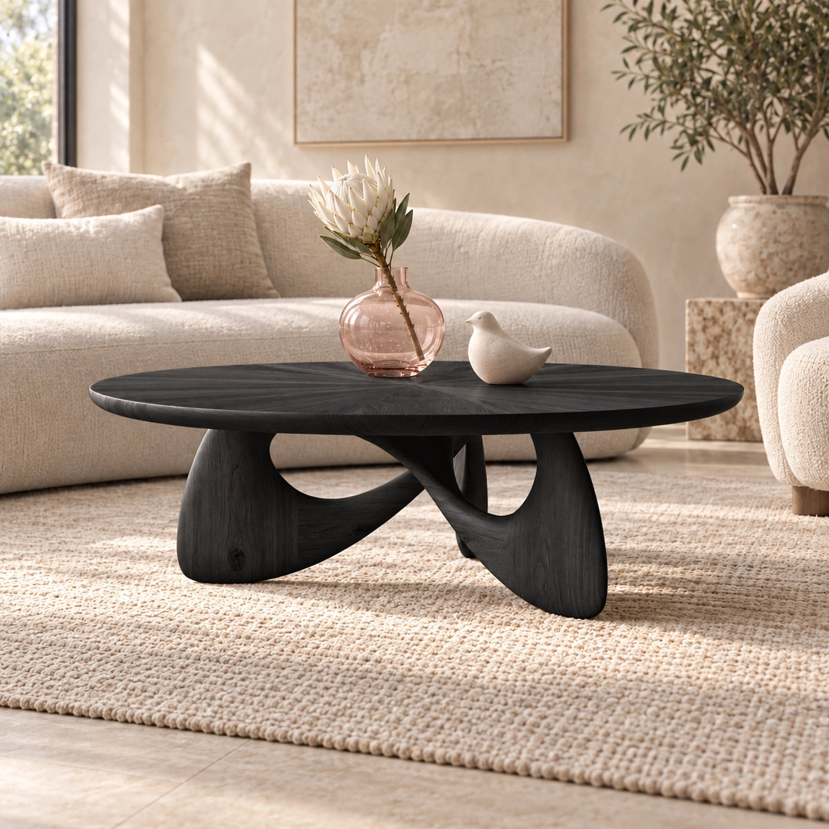 Oval Coffee Table with Sculptural Curved Wooden Base in Natural Solid Wood - Woodenecho - 7