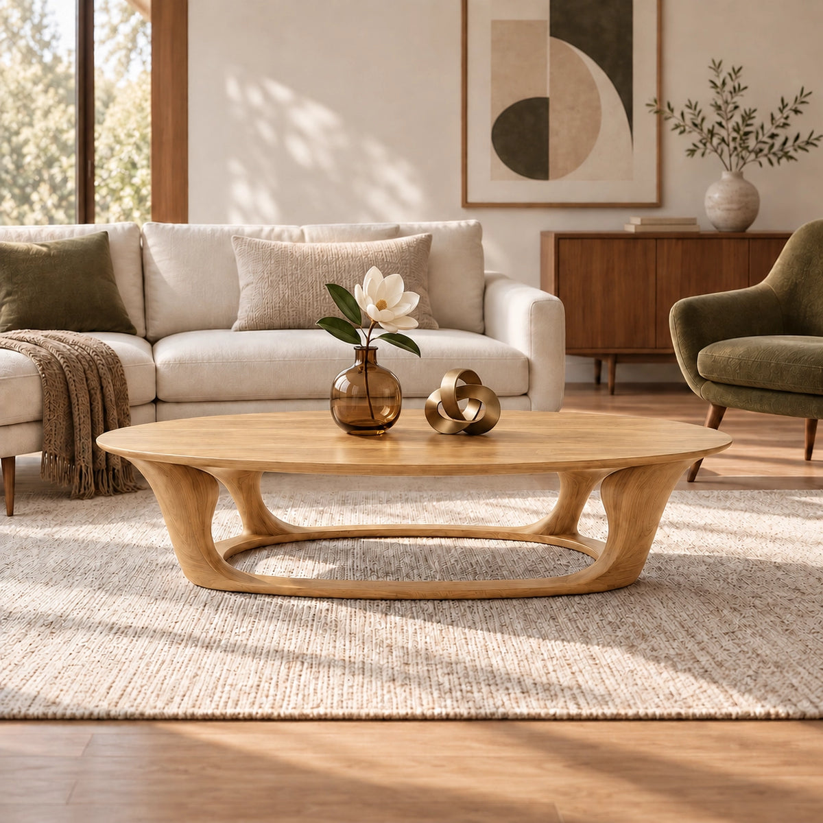 Oval Coffee Table with Sculptural Curved Wooden Base in Natural Solid Wood - Woodenecho - 8