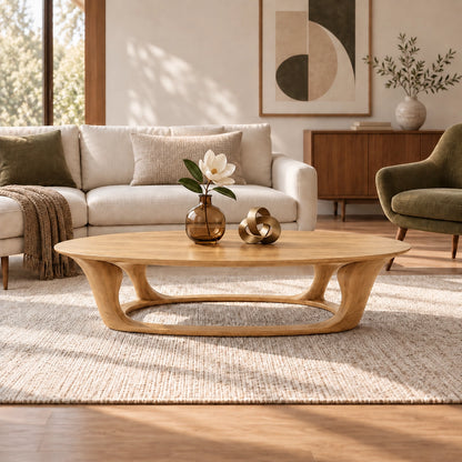 Oval Coffee Table with Sculptural Curved Wooden Base in Natural Solid Wood - Woodenecho - 8