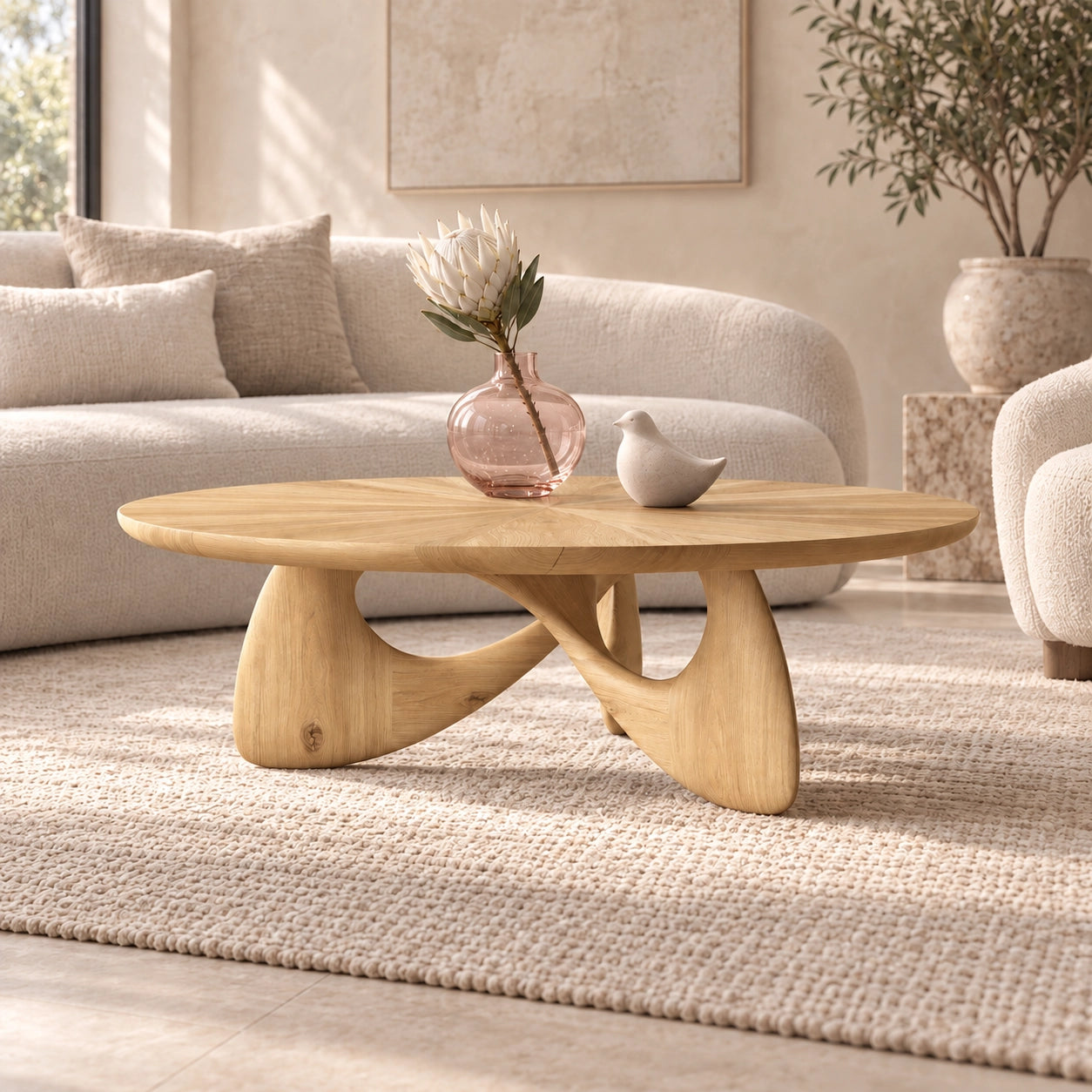 Oval Coffee Table with Sculptural Curved Wooden Base in Natural Solid Wood - Woodenecho - 8