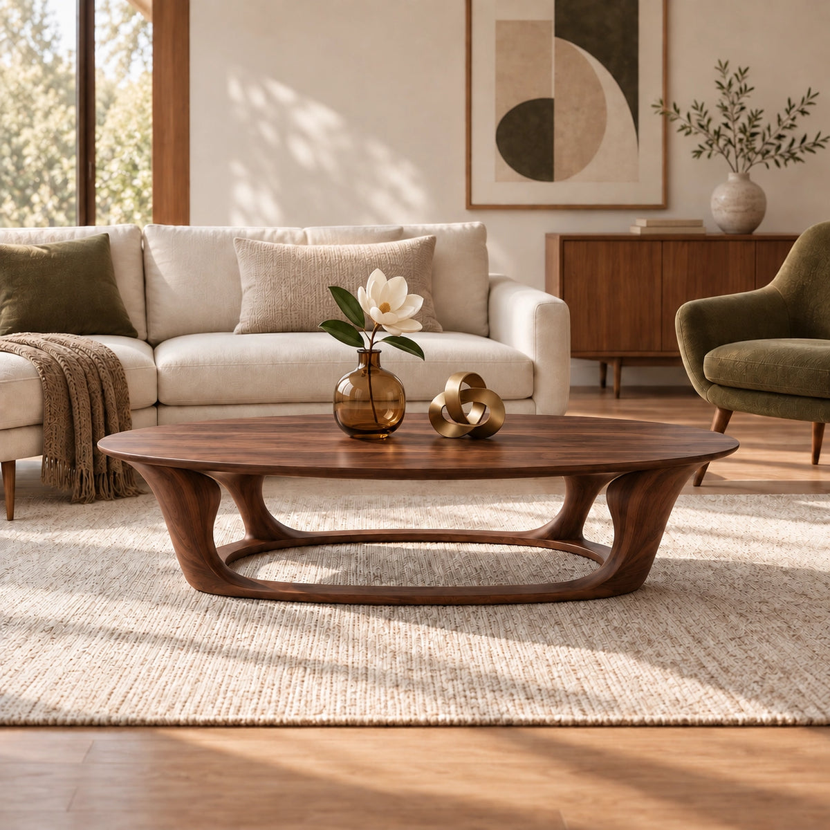 Oval Coffee Table with Sculptural Curved Wooden Base in Natural Solid Wood - Woodenecho - 9