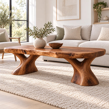 Oval Coffee Table with Sculptural Pedestal Base in Natural Solid Wood - Woodenecho - 1