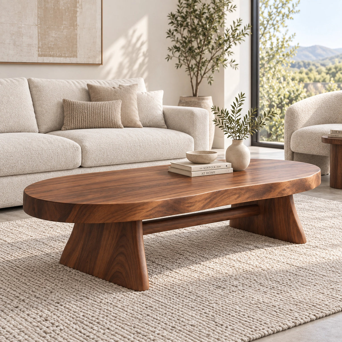 Oval Coffee Table with Sculptural Pedestal Base in Natural Solid Wood - Woodenecho - 1