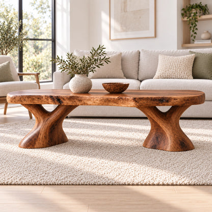 Oval Coffee Table with Sculptural Pedestal Base in Natural Solid Wood - Woodenecho - 2