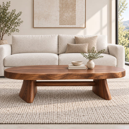 Oval Coffee Table with Sculptural Pedestal Base in Natural Solid Wood - Woodenecho - 2