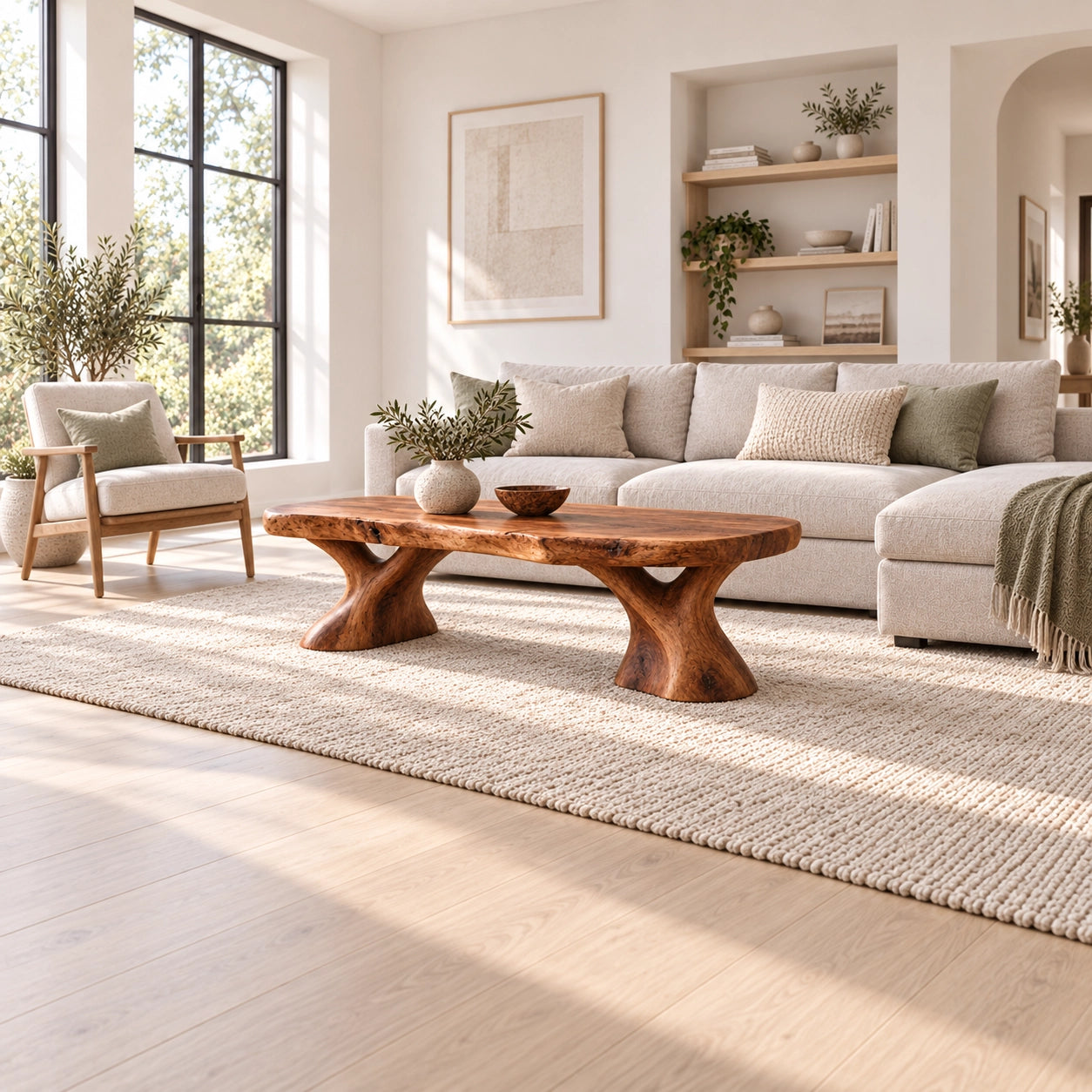 Oval Coffee Table with Sculptural Pedestal Base in Natural Solid Wood - Woodenecho - 3