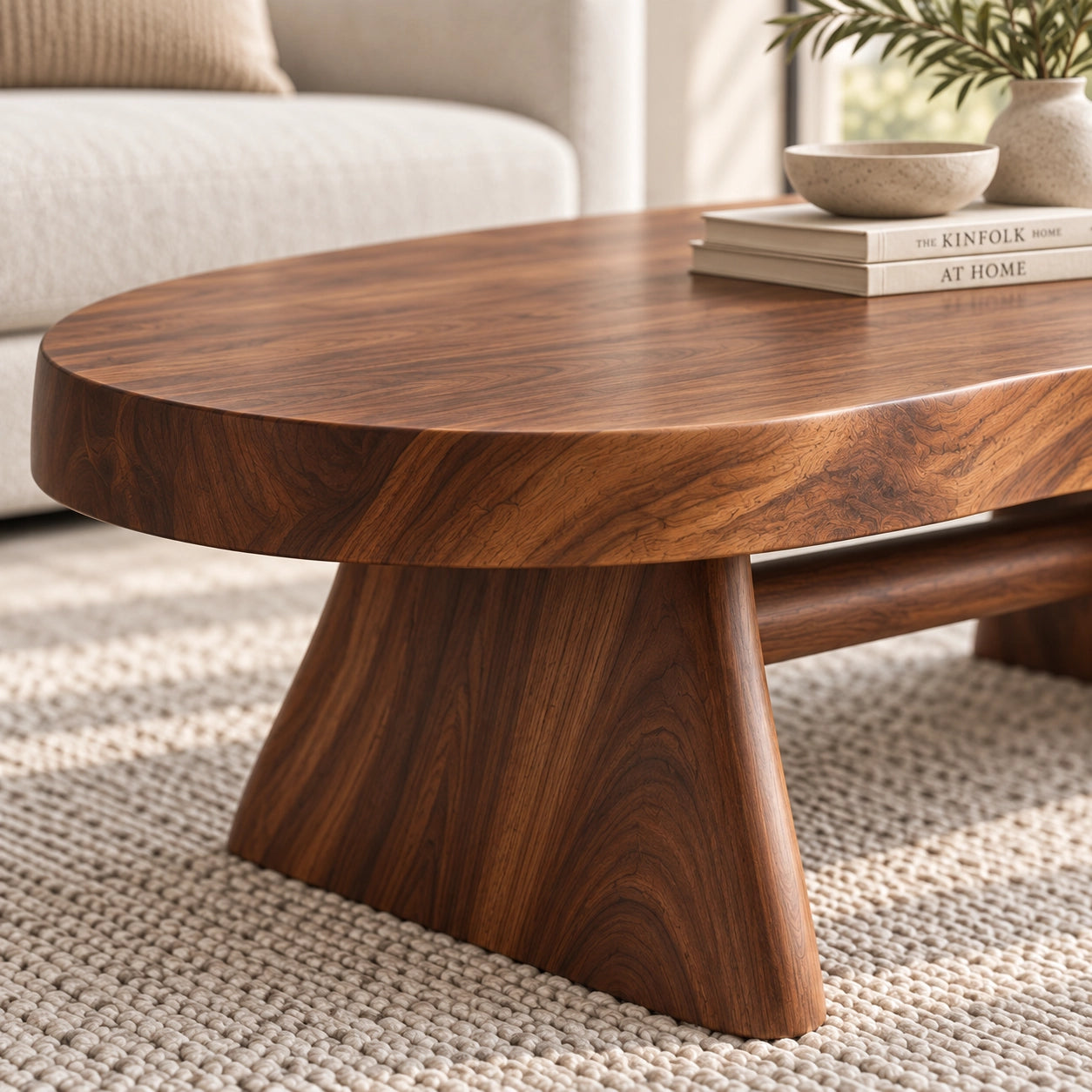 Oval Coffee Table with Sculptural Pedestal Base in Natural Solid Wood - Woodenecho - 3
