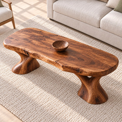 Oval Coffee Table with Sculptural Pedestal Base in Natural Solid Wood - Woodenecho - 4