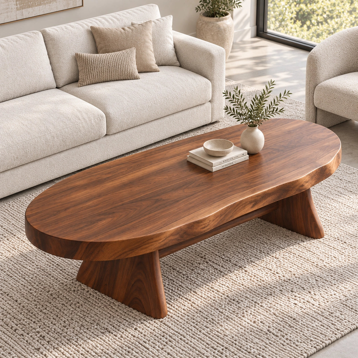 Oval Coffee Table with Sculptural Pedestal Base in Natural Solid Wood - Woodenecho - 4