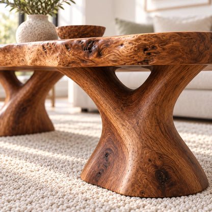 Oval Coffee Table with Sculptural Pedestal Base in Natural Solid Wood - Woodenecho - 5