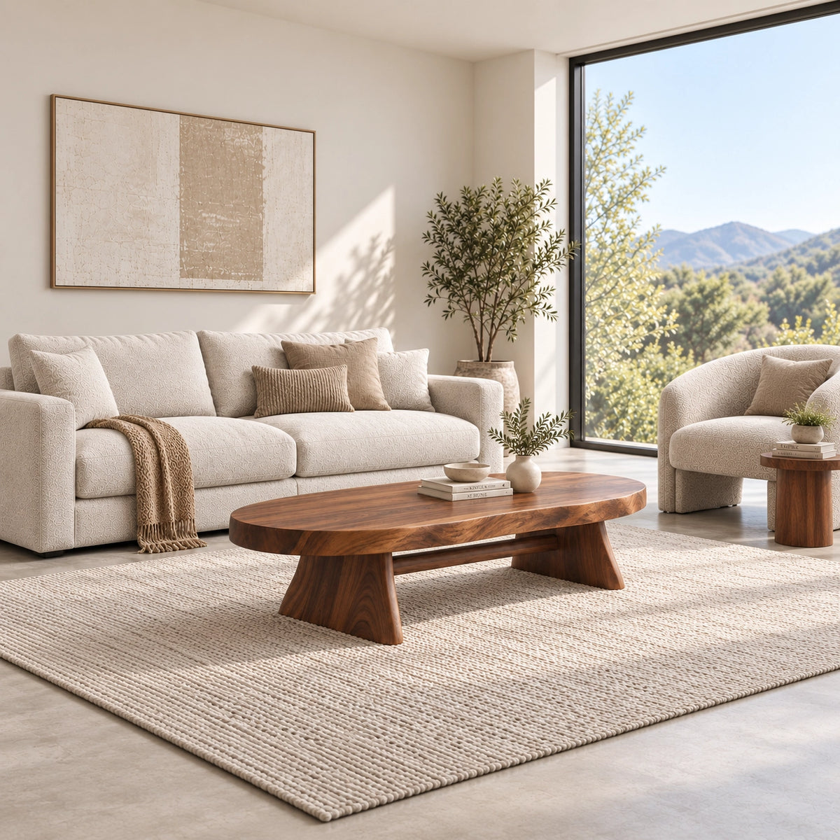 Oval Coffee Table with Sculptural Pedestal Base in Natural Solid Wood - Woodenecho - 5