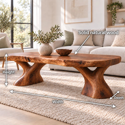 Oval Coffee Table with Sculptural Pedestal Base in Natural Solid Wood - Woodenecho - 6