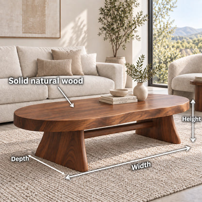 Oval Coffee Table with Sculptural Pedestal Base in Natural Solid Wood - Woodenecho - 6