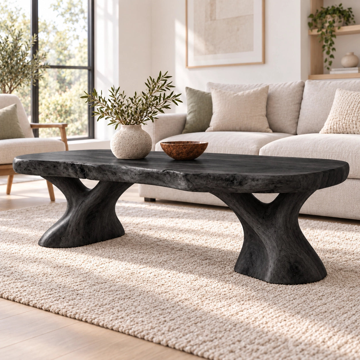 Oval Coffee Table with Sculptural Pedestal Base in Natural Solid Wood - Woodenecho - 7