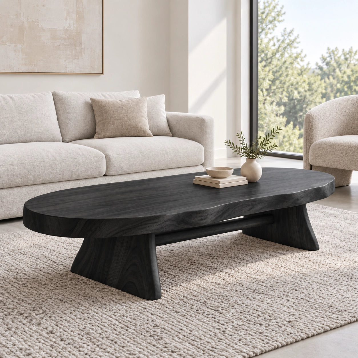 Oval Coffee Table with Sculptural Pedestal Base in Natural Solid Wood - Woodenecho - 7