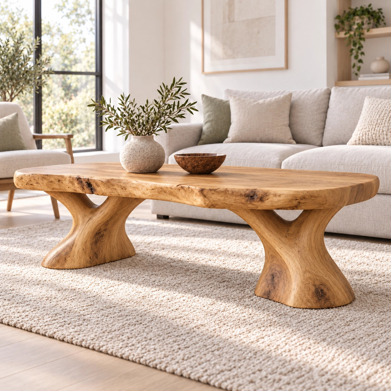 Oval Coffee Table with Sculptural Pedestal Base in Natural Solid Wood - Woodenecho - 8