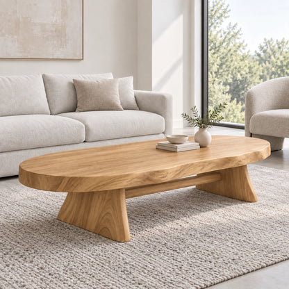 Oval Coffee Table with Sculptural Pedestal Base in Natural Solid Wood - Woodenecho - 8