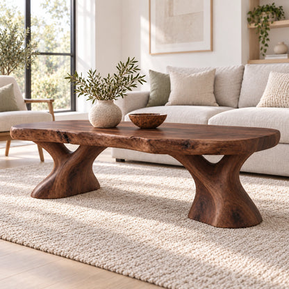 Oval Coffee Table with Sculptural Pedestal Base in Natural Solid Wood - Woodenecho - 9