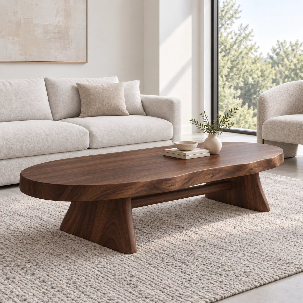 Oval Coffee Table with Sculptural Pedestal Base in Natural Solid Wood - Woodenecho - 9