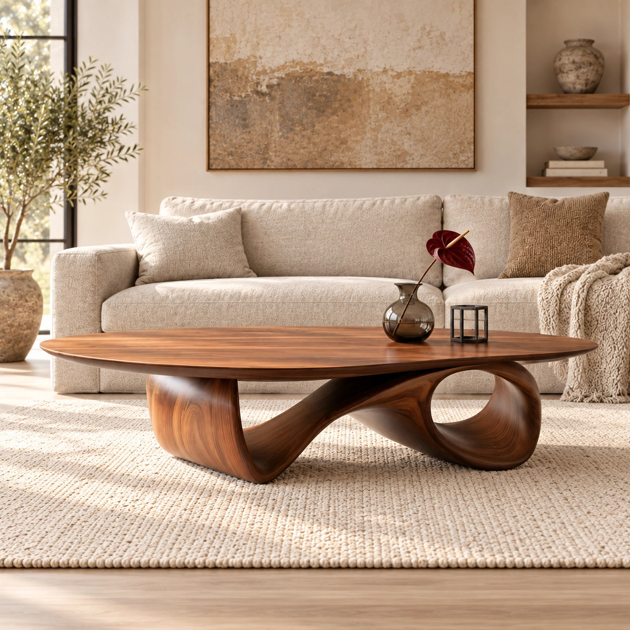 Oval Coffee Table with Sculptural Ribbon Base in Natural Solid Wood - Woodenecho - 1