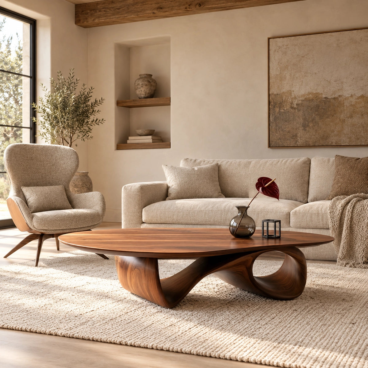 Oval Coffee Table with Sculptural Ribbon Base in Natural Solid Wood - Woodenecho - 2