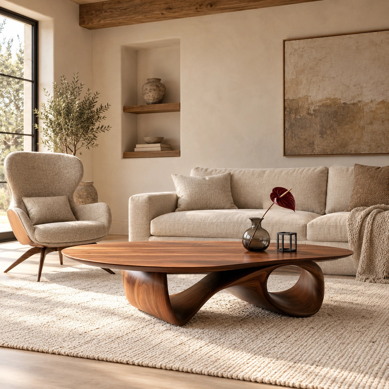 Oval Coffee Table with Sculptural Ribbon Base in Natural Solid Wood - Woodenecho - 2