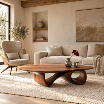 Oval Coffee Table with Sculptural Ribbon Base in Natural Solid Wood - Woodenecho - 2