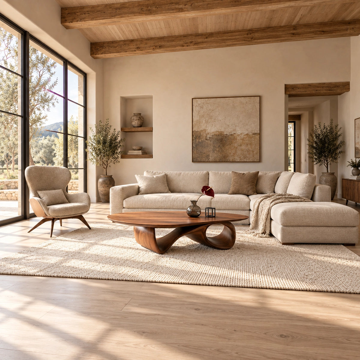 Oval Coffee Table with Sculptural Ribbon Base in Natural Solid Wood - Woodenecho - 3